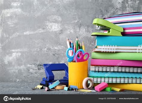 School Supplies Books Notebooks Grey Background Stock Photo by ...