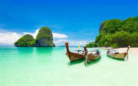 Krabi Island Thailand Beach Ocean Turquoise Water Boats Coast Rocks ...