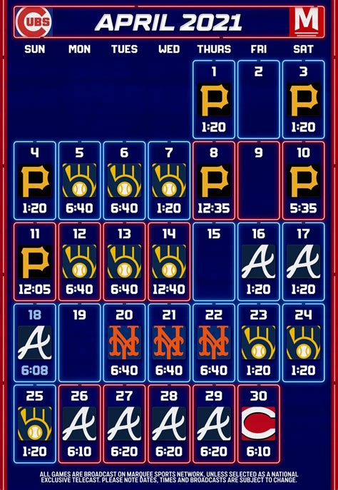 Chicago Cubs Baseball Schedule from Marquee Sports Network