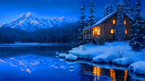 Download Winter Cabin Painting Artistic Artwork Art