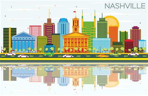 Nashville Skyline with Color Buildings, Blue Sky and Reflections ...