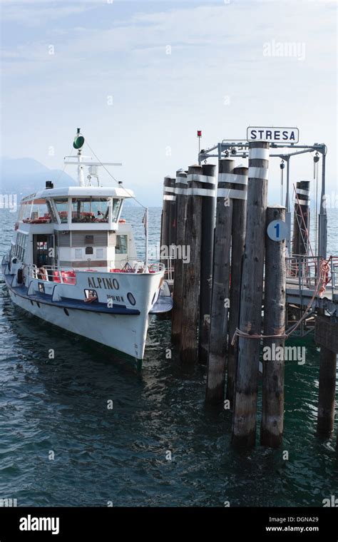 Ferry stopped at Stresa, Lake Maggiore, Italy, with view of lake and ...