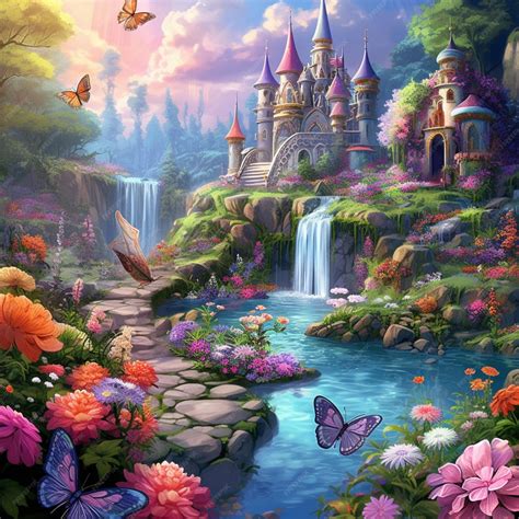 Premium AI Image | Painting of a castle with a waterfall and a ...