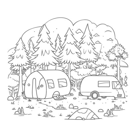 An Outline Drawing Of Campers And Camping In The Forest Sketch Vector ...