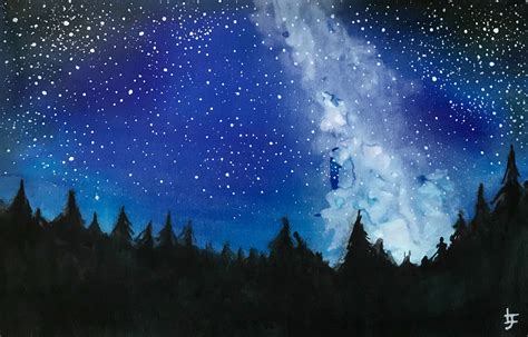 Night Sky // Original Watercolour Painting Starry Sky Forest | Etsy