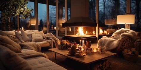 Premium AI Image | evening cozy room modern design kamin and candle ...