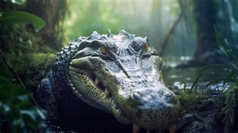 Premium Photo | A crocodile in the swamp with a forest background