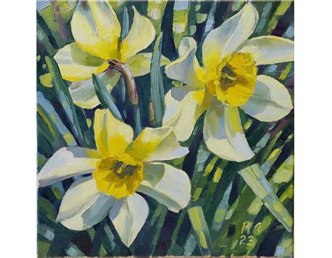 Yellow Daffodil Flower, Original Oil Painting, Spring Landscape, Floral ...