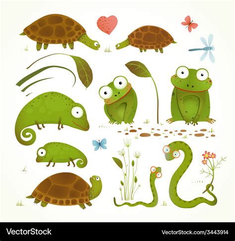 Cartoon Green Reptile Animals Childish Drawing Vector Image