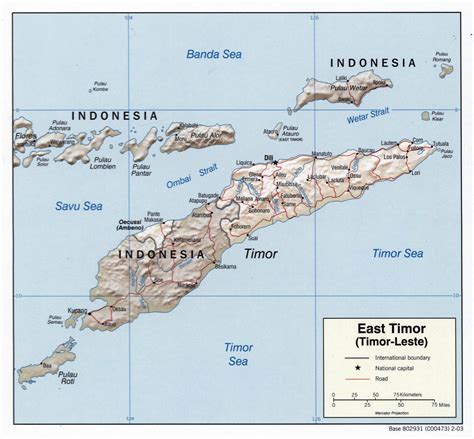 Large detailed political map of East Timor with relief, roads and major ...