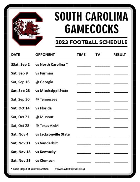 Printable 2023 South Carolina Gamecocks Football Schedule