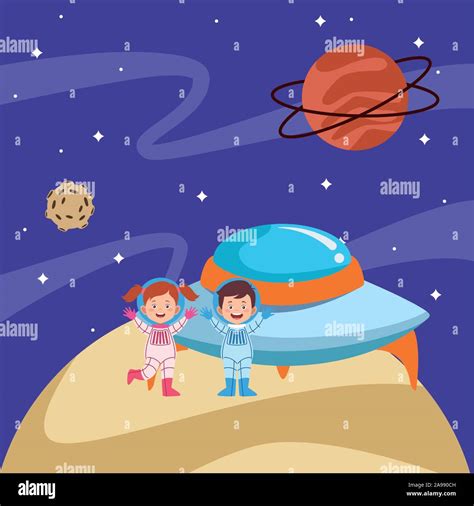 cartoon astronauts kids and flying saucer in the space with planets ...