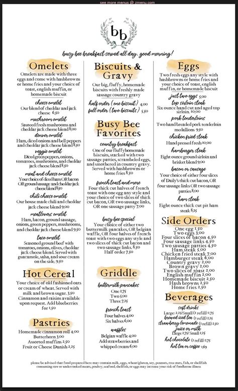 Menu at Busy Bee Café cafe, Springfield