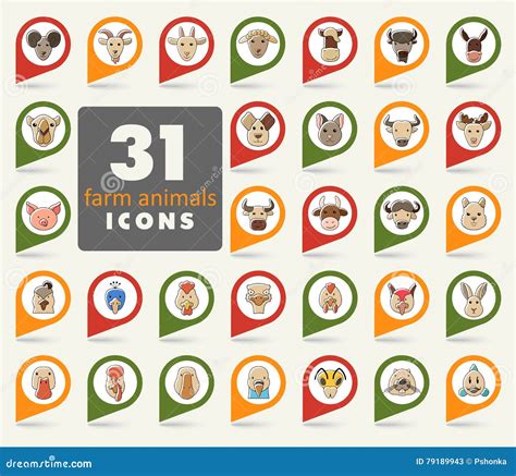 Farm Animals Flat Pin Map Icon Set. Vector Head Stock Vector ...