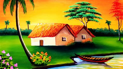 How to paint village scenery | Sunset Village drawing and painting ...