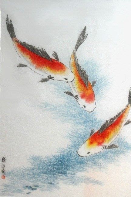 Koi Fish, Original Large Framed Chinese Brush Painting (38"x28 ...