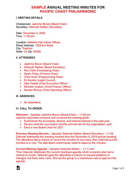 Free Annual Meeting Minutes Template - PDF | Word – eForms