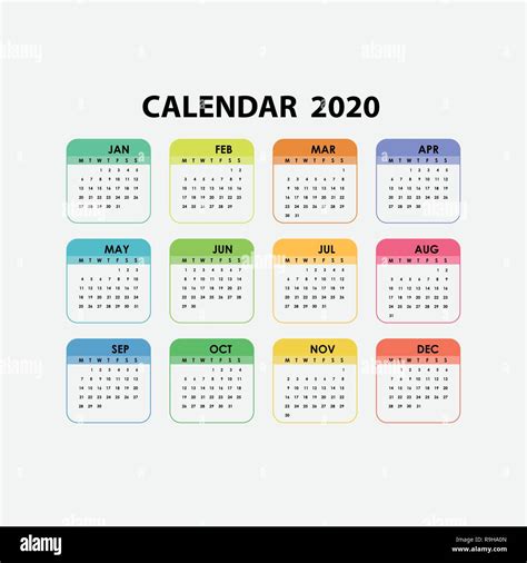 2020 Calendar Template.Calendar 2020 Set of 12 Months.Yearly calendar ...