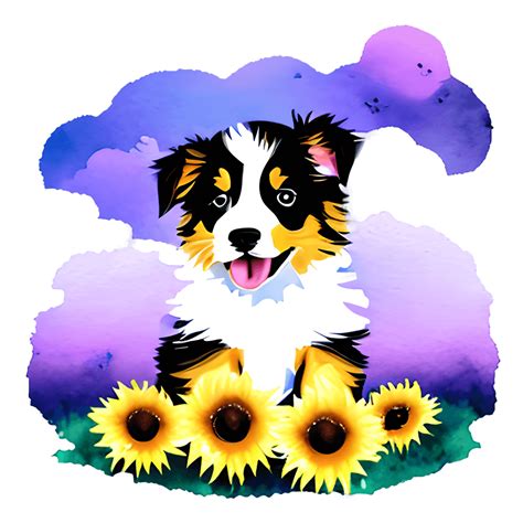 Cute Watercolor Border Collie Puppy with Sunflowers in a Bucket ...