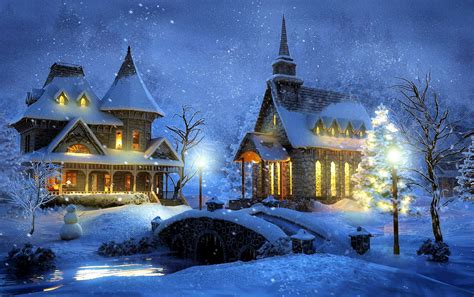 Download Night Snowfall Church Bridge Snowman Snow Winter Artistic ...