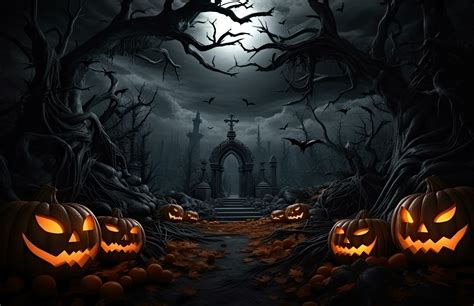 Spooky background for Halloween with twisted trees, Jack o lanterns and ...