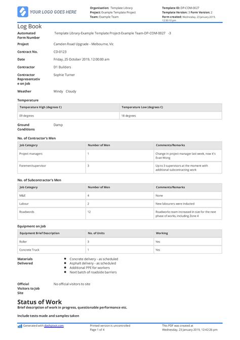 Construction Log Book: Format and Sample