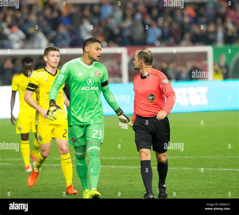 Goalkeeper Zack Steffen of Columbus Crew argues with referee Kevin ...