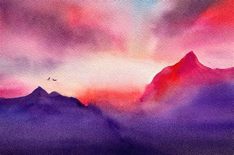 Original watercolour painting sunrise in mountains | Etsy