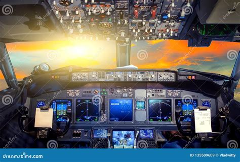 Sunrise Cockpit Flight Deck Stock Image - Image of flight, machinery ...