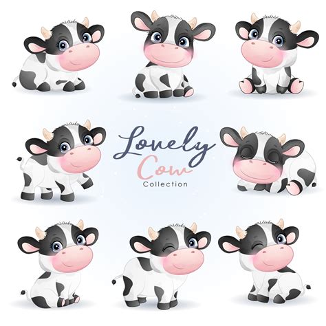 Cute doodle cow clipart poses with watercolor illustration set