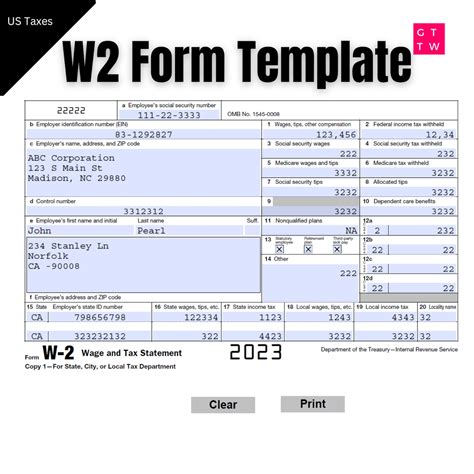 W2 Form IRS 2023 Fillable PDF With Print and Clear Buttons - Etsy