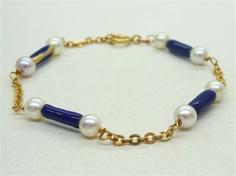 Estate Cobalt Blue Enamel & Pearl 18k Yellow Gold Bracelet - Jewelry ...