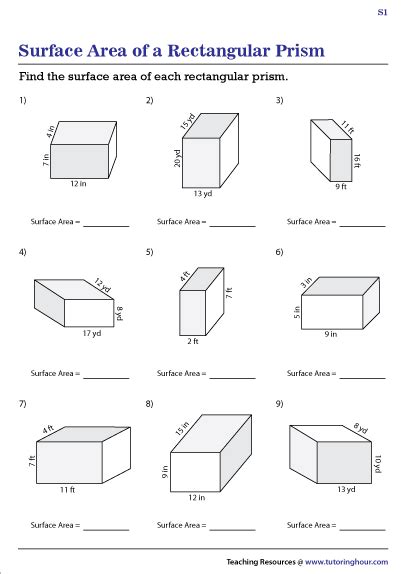 Surface Area of Rectangular Prisms Worksheets