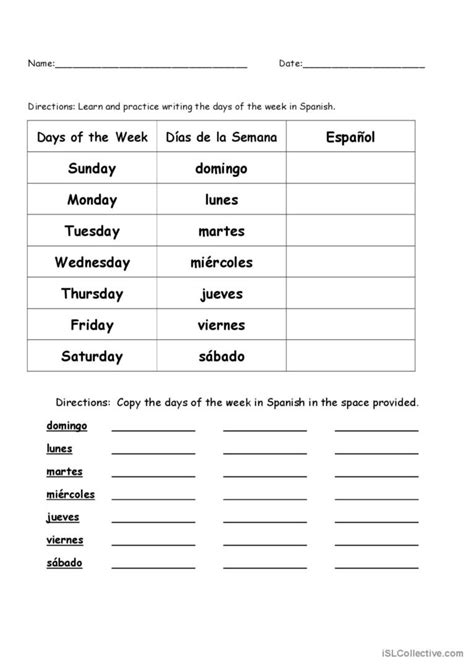 Days of the Week in Spanish: English ESL worksheets pdf & doc