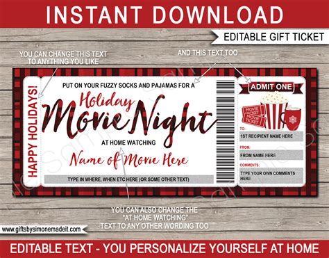 Holiday Family Movie Night Ticket Template | Gift Voucher, Certificate