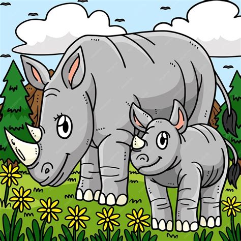 Premium Vector | Mother rhino and baby rhino colored cartoon