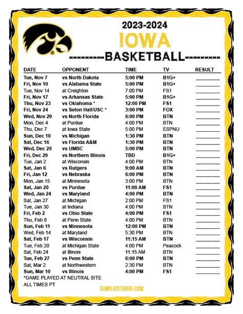 Printable 2023-2024 Iowa Hawkeyes Basketball Schedule