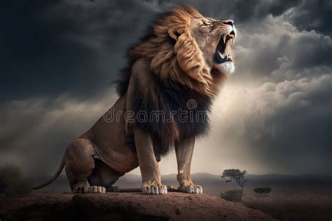 Aggressive Angry Lion with Big Teeth on the Background of a Stormy Sky ...