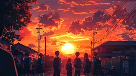 High School Friends at Sunset Anime Slice of Life | Premium AI ...