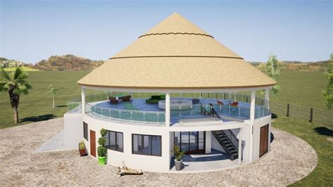 an artist's rendering of a house with a circular roof and glass balconies