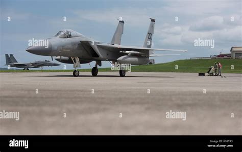 A U.S. Air Force 67th Fighter Squadron F-15 Eagle taxis after being ...