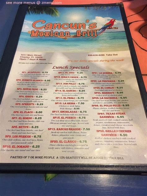 Menu at Cancun's Mexican Grill restaurant, Chipley