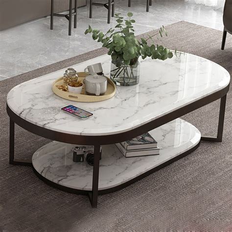 2-Tiered Modern Marble Coffee Table with Shelf Metal Frame