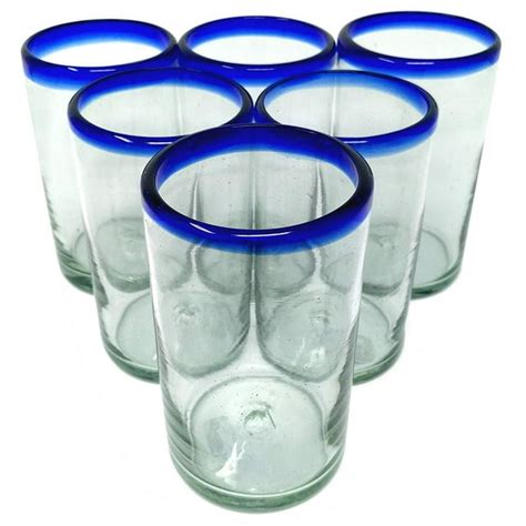 Dos Sueños Hand Blown Mexican Drinking Glasses - 6 Glasses with Cobalt ...