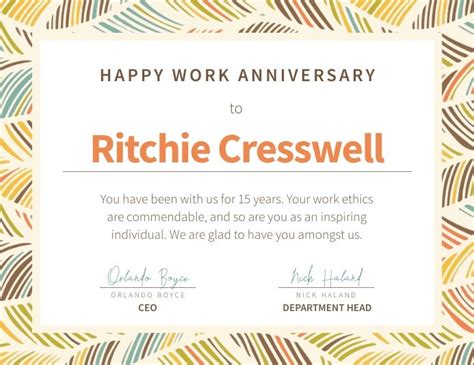 Work Anniversary Certificate Template - Printable Word Searches