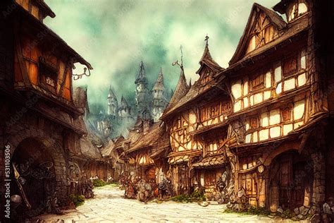 Fantasy medieval town illustration. Watercolor painting of old town ...