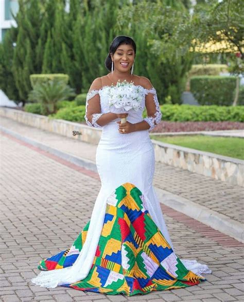 Beautiful Ghanaian Bride in White and Kente Train Wedding Gown ...