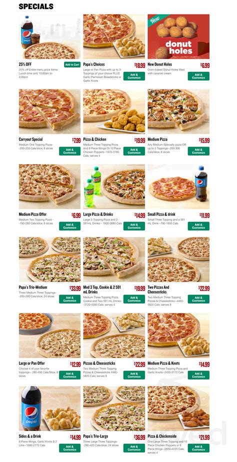 Papa John's Pizza menu in Calgary, Alberta, Canada