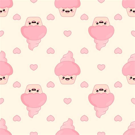 Kawaii cupcake with hearts. Adorable sweetie. Seamless pattern. Cute ...