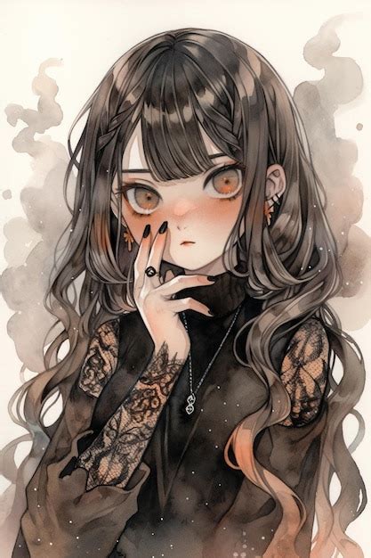 Premium AI Image | Anime girl with long hair and tattoos smoking a ...